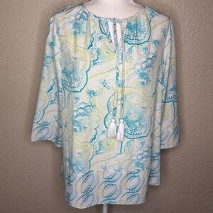 Chico's Size 1 White Blue Paisley Print Top Women's Size Medium